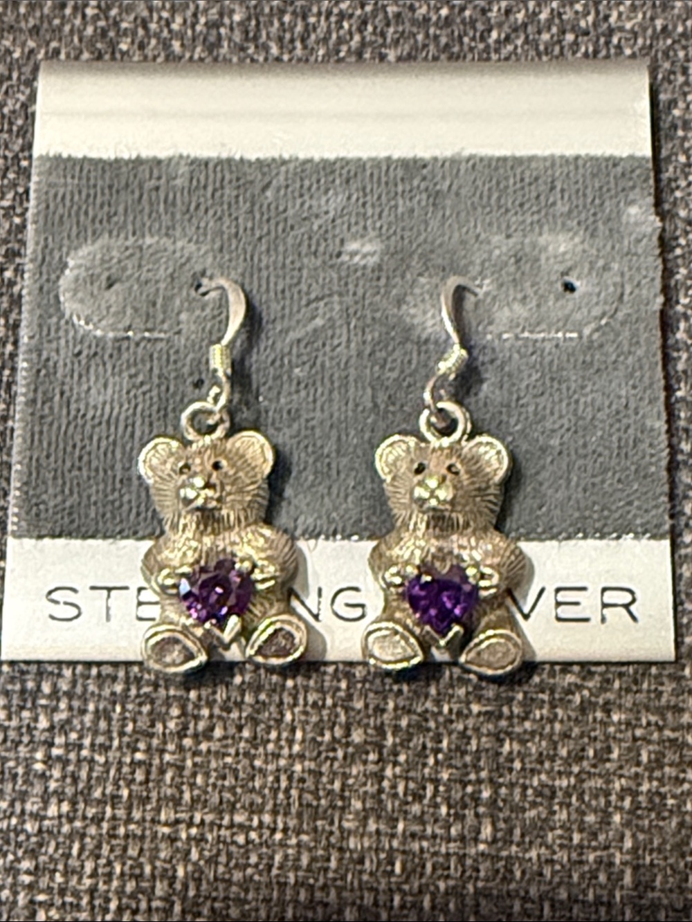 Vintage Mervyns Sterling Silver Teddy Bear Earrings with Purple Heart Stones